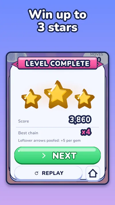 Route Zero level complete screen with three gold stars and a best chain of x4.