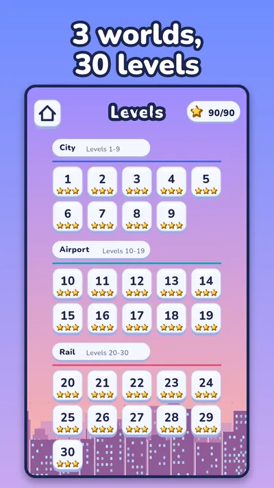 Route Zero level select showing 30 levels across the City, Airport and Rail worlds.
