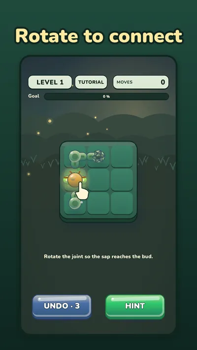 Glowstem level 1 tutorial: a hand taps a stem to rotate it.