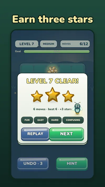 Glowstem level 7 clear screen with three stars and the firefly mascot.