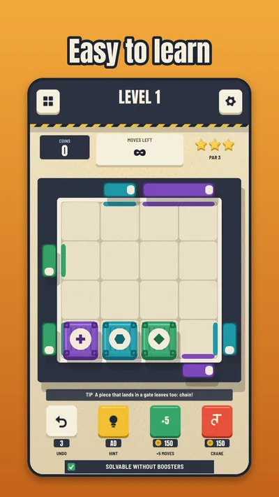 Stackyard level 1, a small first puzzle that teaches the drag.