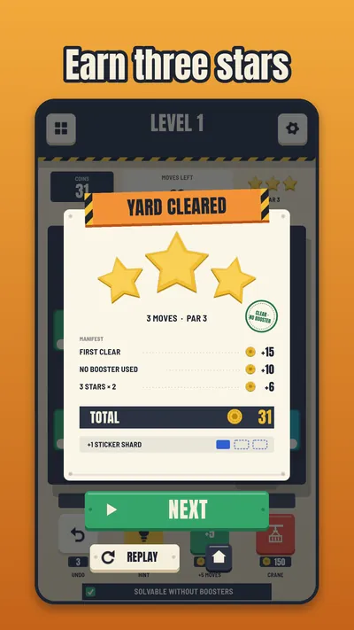 Stackyard 'Yard Cleared' screen with three stars and a score.