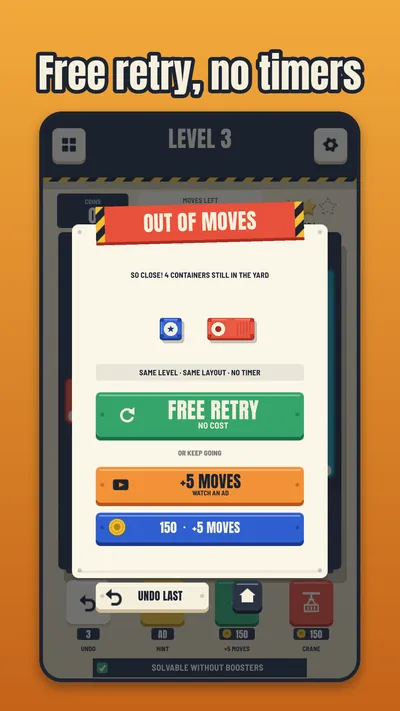 Stackyard out-of-moves screen offering a free retry.
