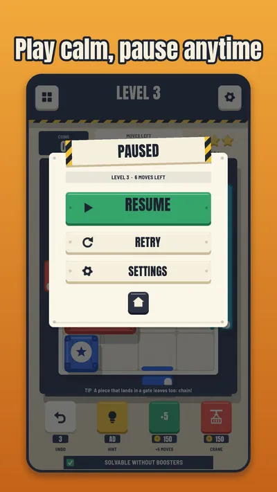 Stackyard pause menu with Resume, Retry and Settings.
